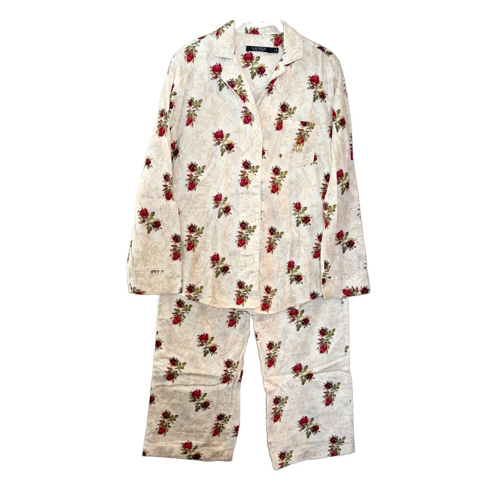Lauren Ralph Lauren 2 PC Pajama Set Monogram Rose Print Royal Elegant Size S